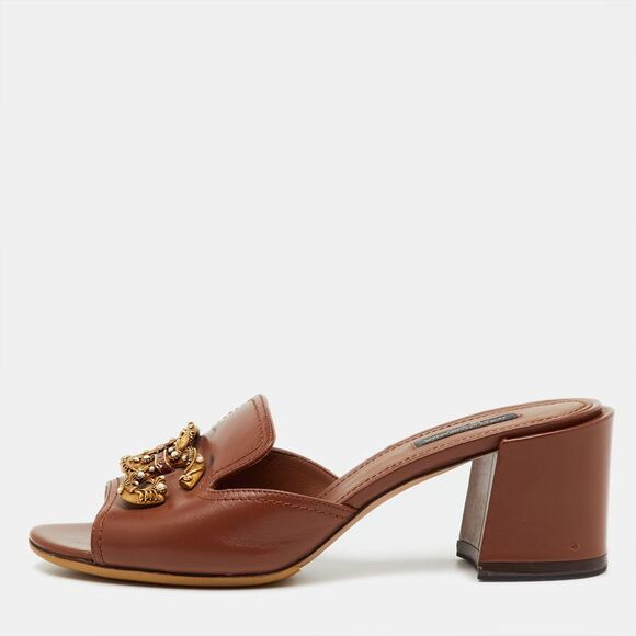 Dolce & Gabbana Brown Leather Dg Amore Block Heel Slide Sandals Size 38